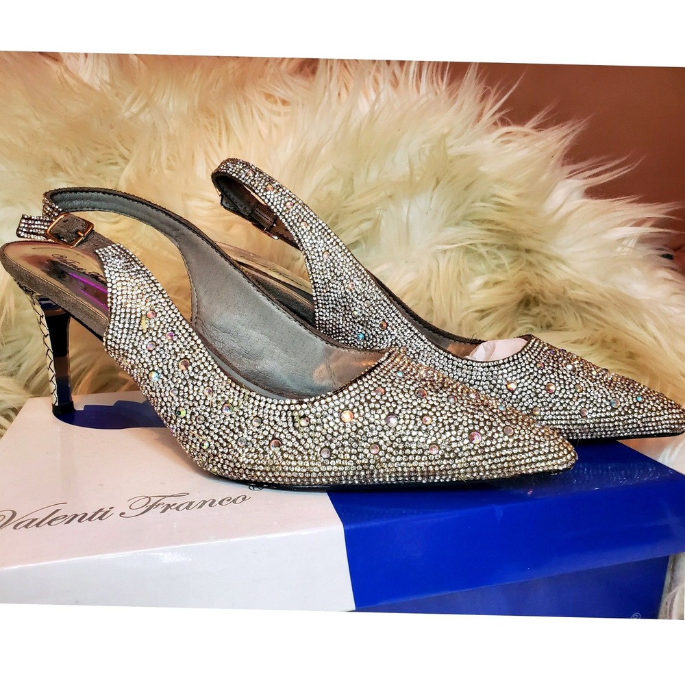 Valenti Franco Dimas-11 Rhinestone Slingback Pumps Silver Pointed Toe Heels 11M